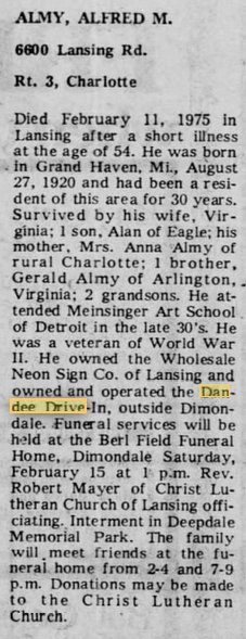 Dandee Drive-In - Feb 1975 Obituary For Alfred Amy - Owner